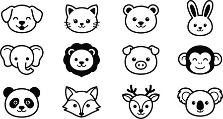 Fototapeta premium Cute Animal Face Icon Set Featuring Dog, Cat, Bear, Rabbit, Elephant, Lion, Pig, Monkey, Panda, Fox, Deer and Koala