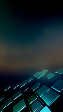 A vibrant 3D render of glowing geometric cubes in a dark futuristic environment