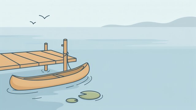 A wooden canoe tied to a small dock on a calm lake with lily pads with lake hills distance canoe floats water