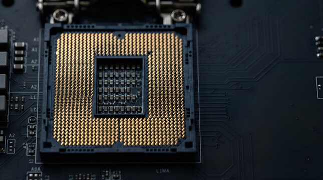 CPU socket on motherboard with gold-plated pins and processor slot for computer hardware assembly, technology repair and system upgrades