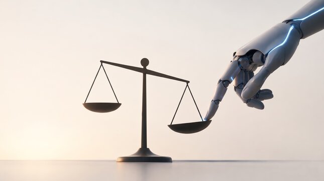 Robotic cyborg hand tipping the scales of justice concept of AI ethics and legal technology