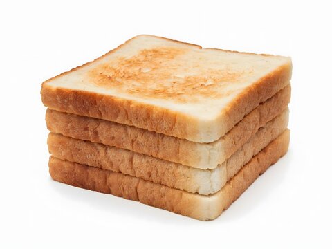 Stack of four evenly sliced white bread toasts with golden-brown crusts arranged for food packaging design