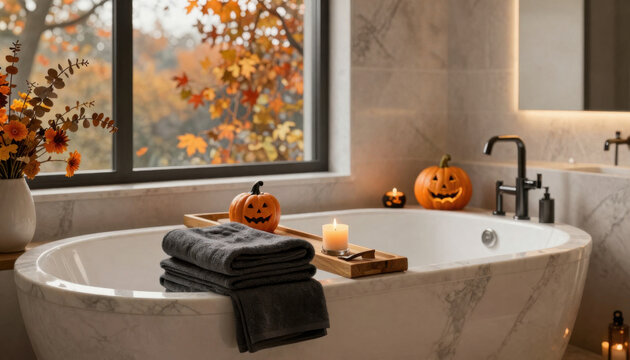 modern luxury bathroom with marble tub, festive Halloween decorations including carved pumpkins, candles, and a floral arrangement by the window showcasing autumn leaves