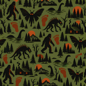 Cryptid seamless pattern with bigfoot, mothman, and chupacabra, dark forest folklore background, green and orange retro design