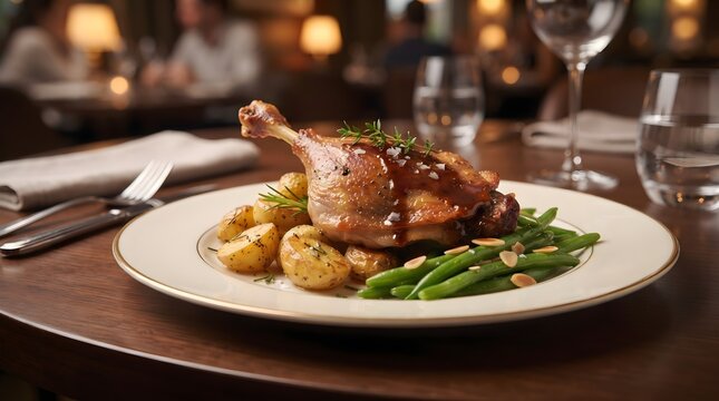 Roasted duck leg confit served with baby potatoes, saut&eacute;ed green beans and almond flakes on an elegant plate in a warm, upscale restaurant setting &mdash; gourmet comfort food, crispy and savory.