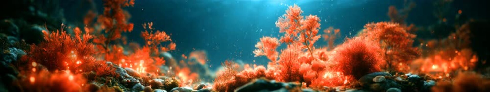 Widescreen Seamless Loop Animation of Glowing Red Algae on the Ocean Floor with Blue Underwater Light