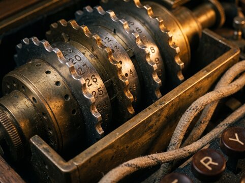 Macro of brass rotors inside a vintage cipher machine