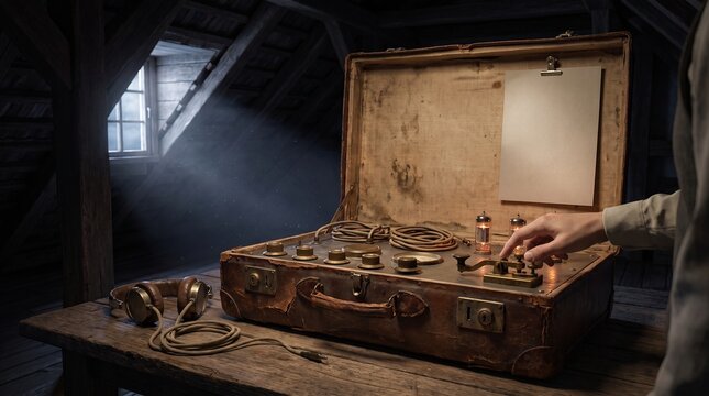 Hand pressing morse key on vintage suitcase radio in attic