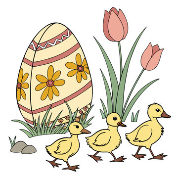Three small yellow ducklings walking past a large patterned easter egg and tall pink tulip flowers on a white background, with small rocks