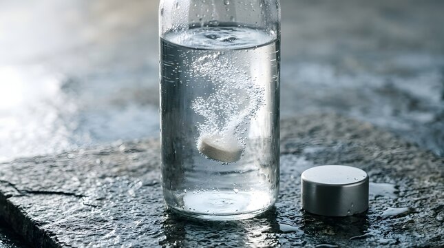 Effervescent tablet dissolving in clear glass water bottle on wet dark slate stone surface view.
