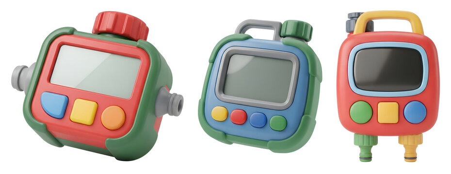Vibrant automatic garden water irrigation timer controllers featuring colorful buttons and digital display screens arranged in a set presented as isolated objects on transparent background