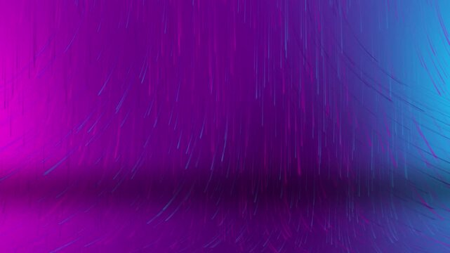 Vibrant purple blue studio background loop featuring falling light rain streaks and reflective curve floor stage for virtual presentation backdrops, music visualizers, award shows, and motion overlays