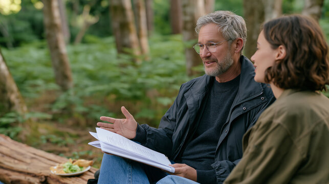 Screenwriter mentor in a forest setting sharing industry knowledge with a new agency hire on their final orientation walk, a half eaten lunch on a nearby log as the single