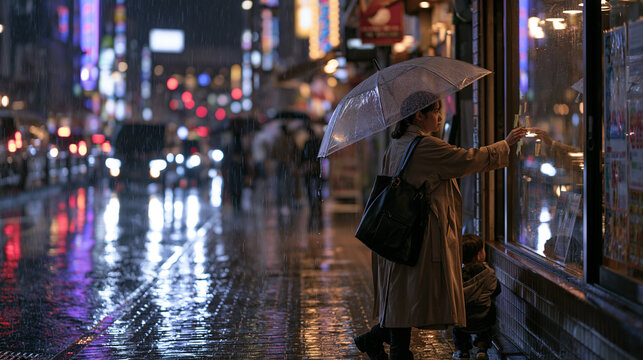 Epidemiologist in rain-drenched city street pausing mid-stride to press a sticky note reminder onto a storefront window, apologizing to a small child nearby about a misdirected