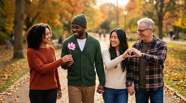 Diverse multi-generational group sharing a laugh outdoors during autumn walk with copy space