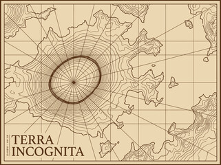 Obraz premium Vintage Topographic Map of Terra Incognita with Islands and Contour Lines