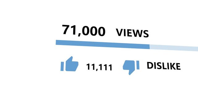 Views and like counts on social media - Animation of user progress counting great numbers of likes and view, one a million on white background for social media overlay.