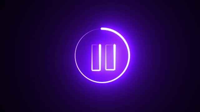 Glowing light neon violet color media player pause icon animation sign symbol on black background
