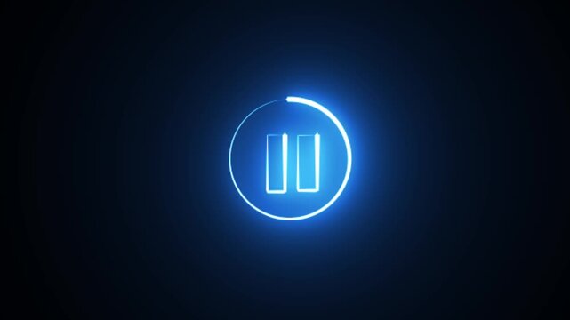 Glowing light neon blue color media player pause icon animation sign symbol on black background
