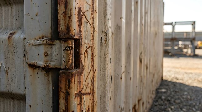 Close-up view of a weathered and rusted hinge on the door of an aged 20 foot container in an industrial yard