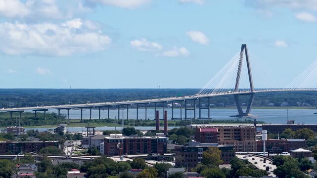 Aerial footage of the Arthur Ravenel Jr. Bridge in Charleston South Carolina USA