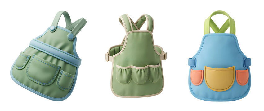 Three colorful gardening aprons with utility pockets and adjustable fabric straps for protection during planting tasks displayed in a neat row design on transparent background