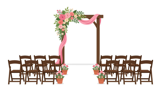 Outdoor Wedding Ceremony Arch with Floral Decorations and Seating Arrangement