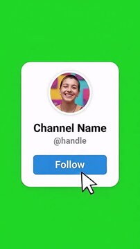 Social media follow button graphic template with profile card and mouse click on green screen background