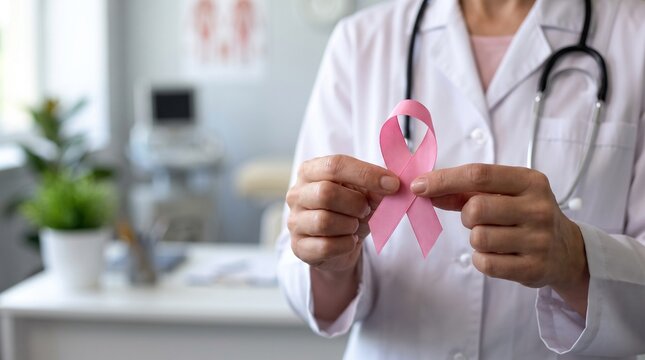Doctor holding a pink ribbon symbolizing breast cancer awareness in a medical clinic.