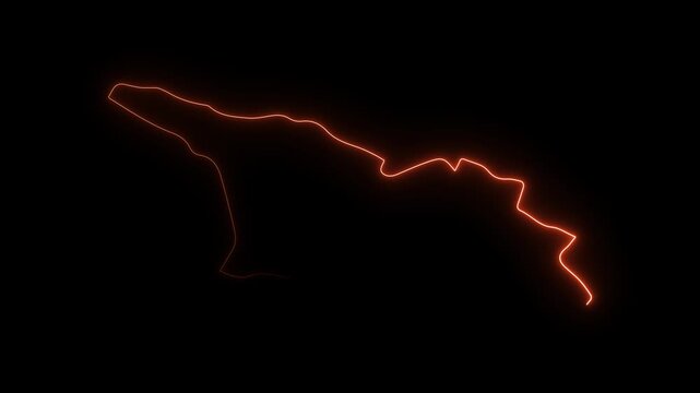 Glowing orange neon outline map of Georgia country isolated on a solid black background motion