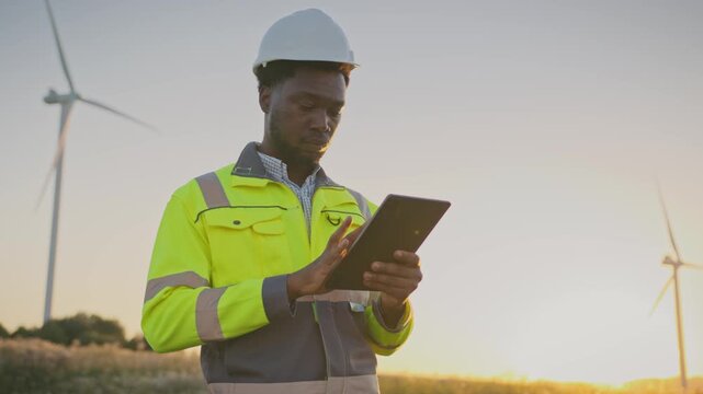 African American male engineer in helmet and reflective jacket standing outdoors near wind turbines using tablet. Checking technical information and monitoring renewable energy project during sunset.
