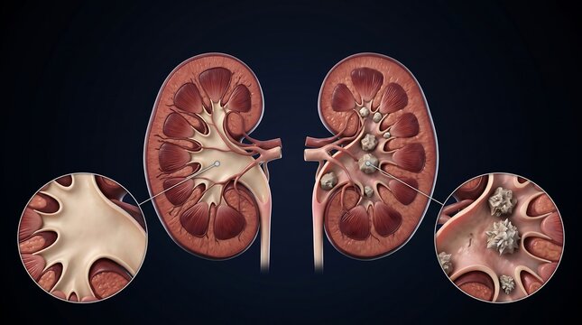 Anatomical comparison of a healthy human kidney versus a kidney afflicted with multiple kidney stones, showing internal structures and magnified views.