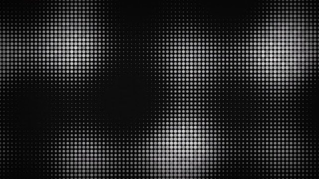 Monochrome halftone dot pattern with dynamic flowing light waves on black, suitable for motion graphics background, digital design and abstract media.