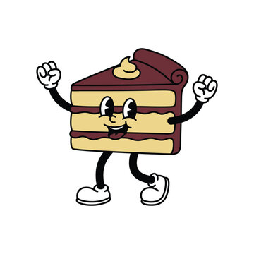 Retro cartoon cake slice character mascot illustration.