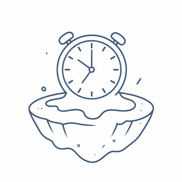 Conceptual line art illustration of a melting alarm clock sinking into a dissolving landscape representing the concept of time passing or time pressure in a minimalist style