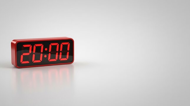 A sleek modern red digital clock showing twenty minutes on a minimalist background with a 20 minute timer red display.