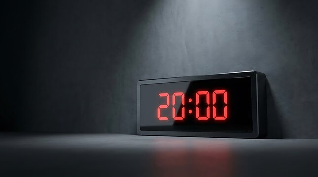 A 20% minute timer red digital display glowing in a dark room representing time management and productivity