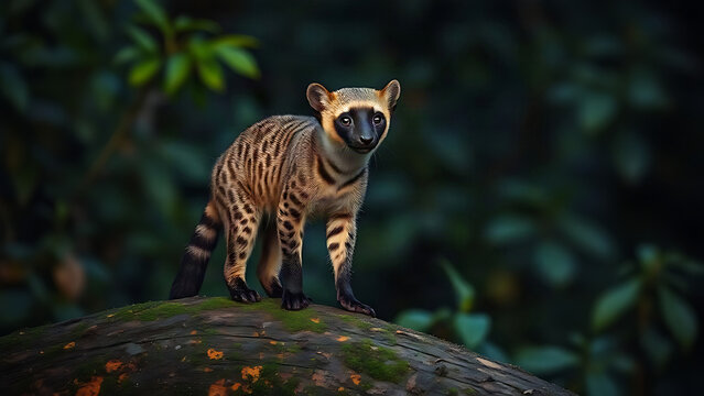 Wild African civet on mossy log in dim rainforest, spotted coat and dark face mask, wildlife and nature concept