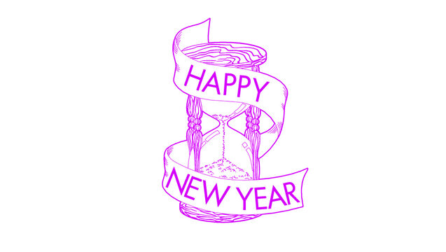 Purple Magenta Happy New Year Spinning Top Hourglass Shape Ribbon Wrap Typography Vector Line Art Illustration with Decorative Banner Text Design, Hand Drawn Doodle Style Clipart for Greeting Cards, P