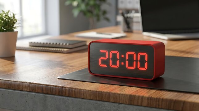 A modern 20% minute timer red digital clock sitting on a wooden office desk showing the time brightly.