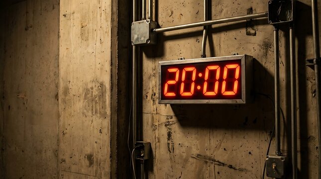 A red 20 minute timer glowing on an industrial concrete wall with exposed electrical conduits and boxes