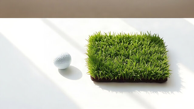 Artificial grass turf square with golf ball, outdoor sport and green surface concept