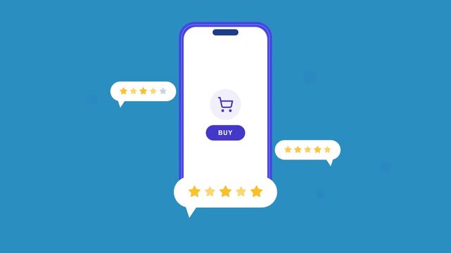 Smartphone screen animation with customer review star rating bubbles popping up around online shop buy button for mobile ecommerce marketing
