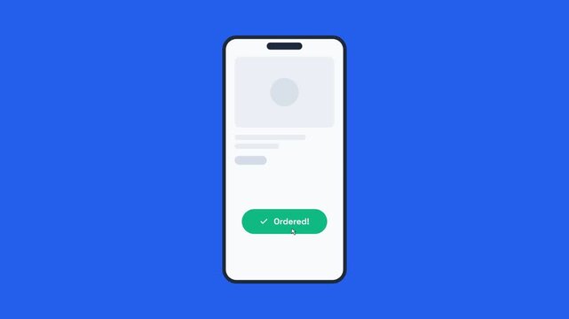 Smartphone screen order button animation clicking to successful ordered status with cursor on blue chroma background for online shopping