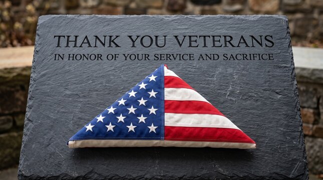 Folded American flag on a stone memorial plaque honoring military veterans and service.