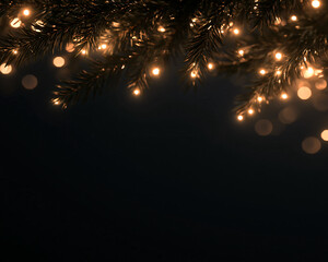 Christmas tree branches with warm garland lights on dark background. Glowing golden fairy lights and soft bokeh circles. Holiday border. Festive seasonal backdrop © Mariia