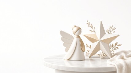 Fototapeta premium Minimalist christmas holiday decor with angel figurine, golden star, and subtle festive ornaments on marble table