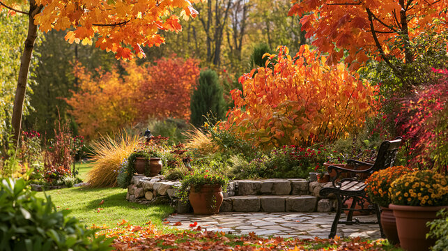 Autumn garden presenting vivid fall colors, orange leaves falling on green grass, stone steps leading to a tranquil backyard patio with a bench