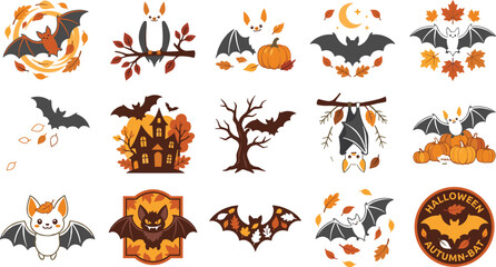 Obraz premium Autumn Halloween Bat Icon Set featuring Pumpkin patches, Haunted Houses, Dry Leaves, and Forest Tree Branches for Cozy Seasonal Graphic Designs and Social Media Stickers