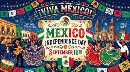 Fototapeta premium Festive Mexican Independence Day celebration banner with mariachi musicians, traditional folklorico dancers, flags, and patriotic text